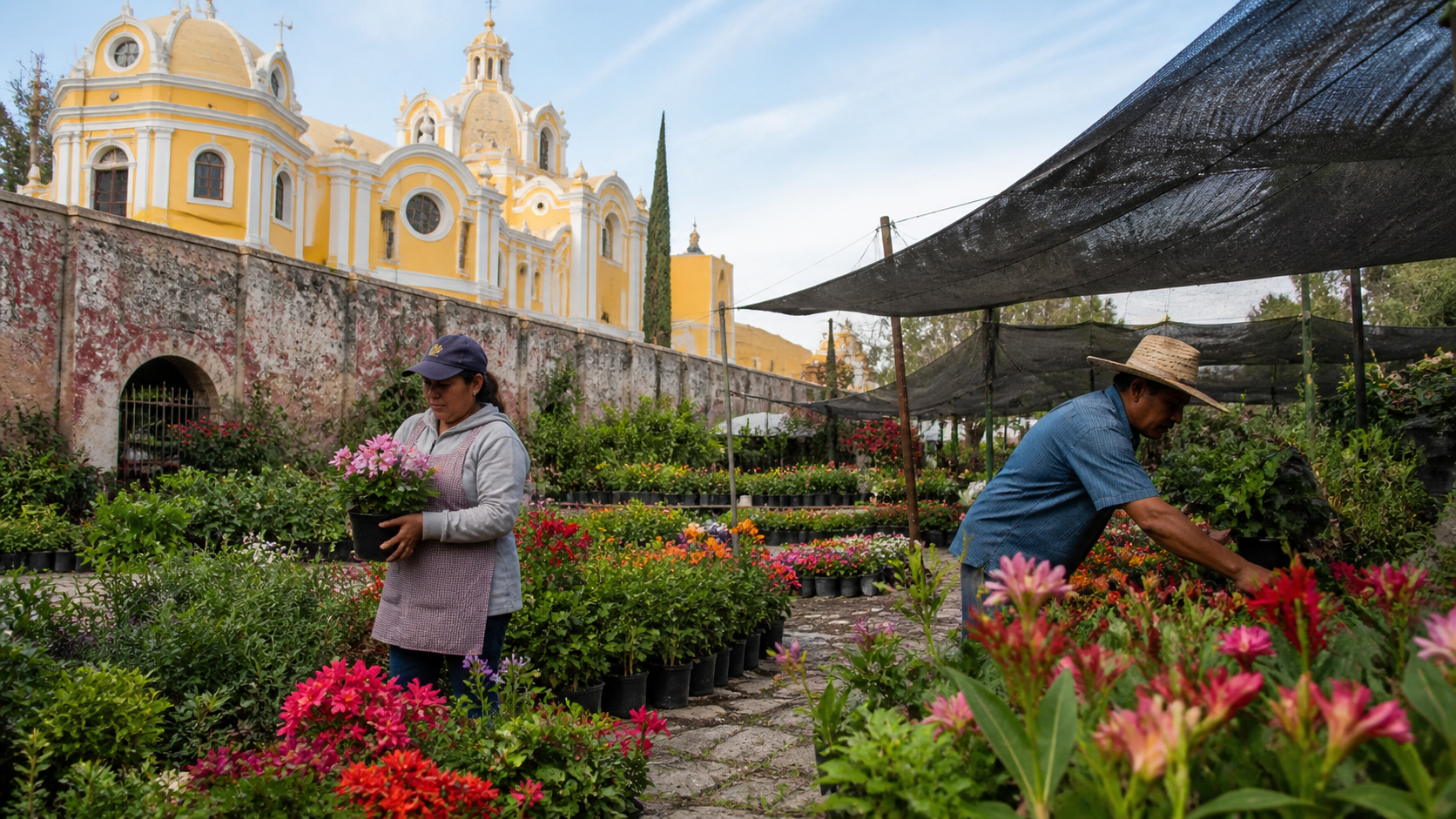 Vivero de Atlixco con flores frente a una calle del centro histórico poblano