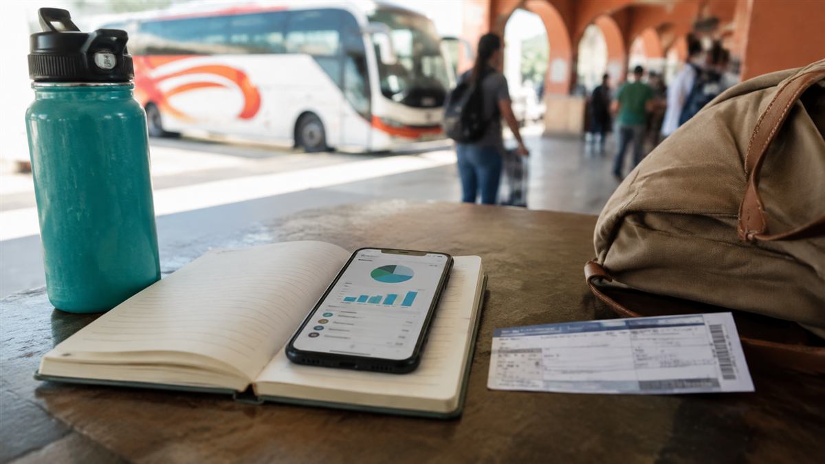 Persona organiza en una libreta los gastos de transporte, hospedaje y actividades de un viaje
